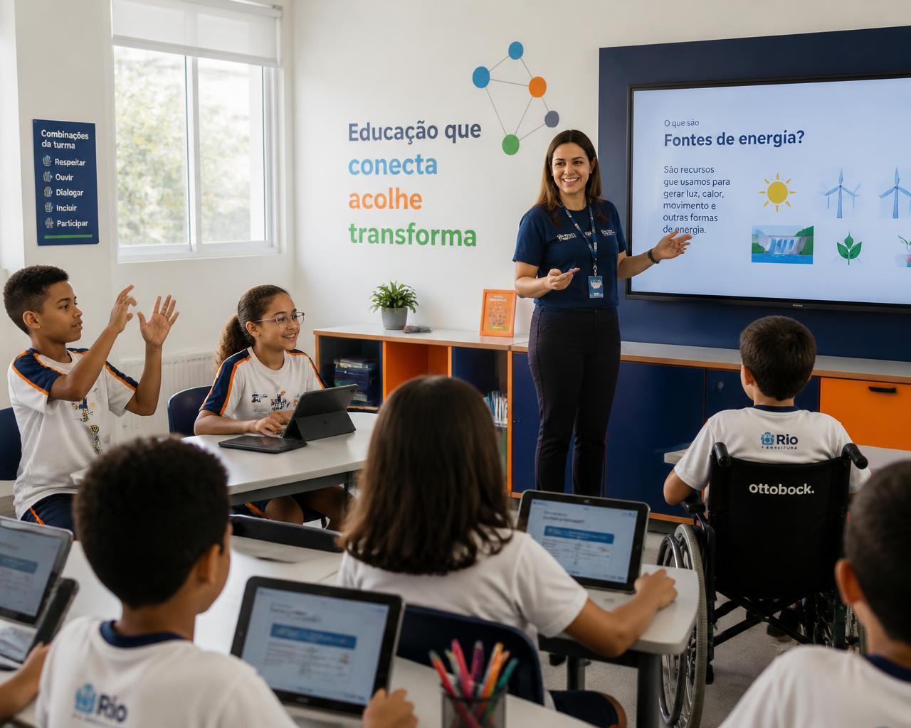 Sala de aula tecnológica e inclusiva com estudantes usando tablets